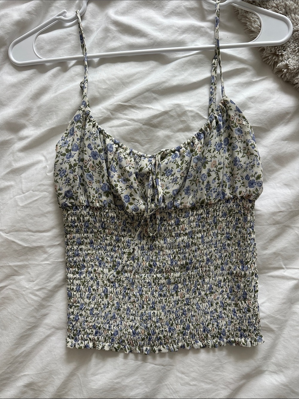Reformation Floral Smocked Spaghetti Strap Tank Top - Cream & Blue